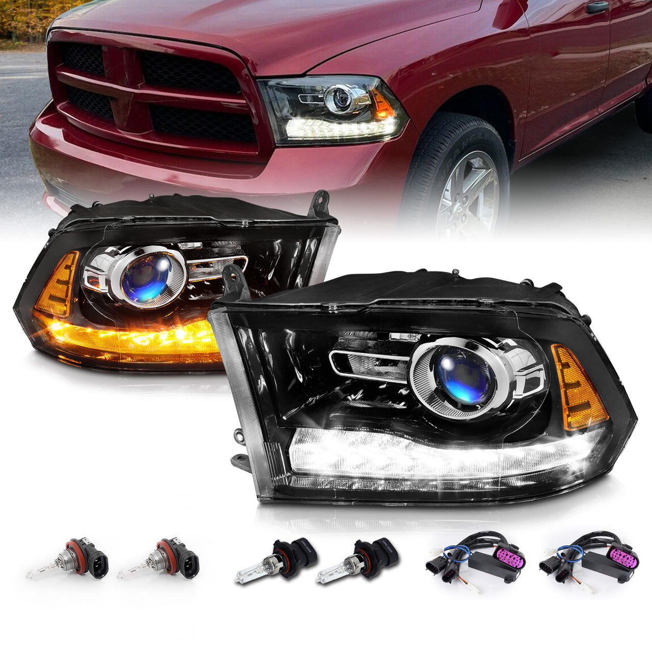 DODGE RAM 09-18 PROJECTOR PLANK STYLE SWITCHBACK H.L BLACK AMBER (OE STYLE) (LIGHT BLACK) (ALL MODEL)