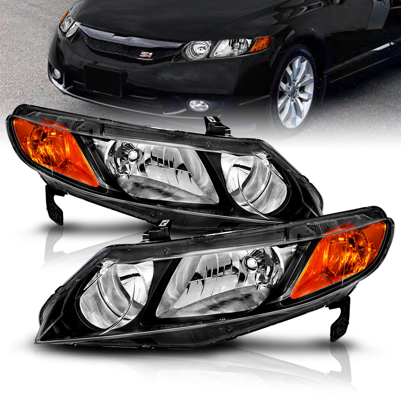 HONDA CIVIC 06-11 HEADLIGHTS 4DR BLACK AMBER (OE REPLACEMENT)