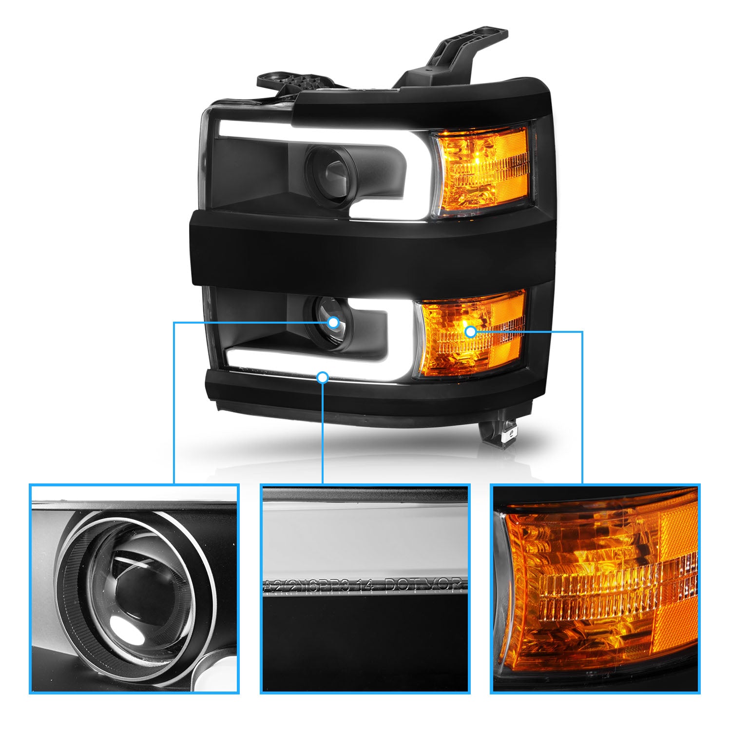 CHEVY SILVERADO 2500HD/3500HD 15-17 PROJECTOR LIGHT BAR STYLE HEADLIGHTS BLACK AMBER (BLACK RIM)