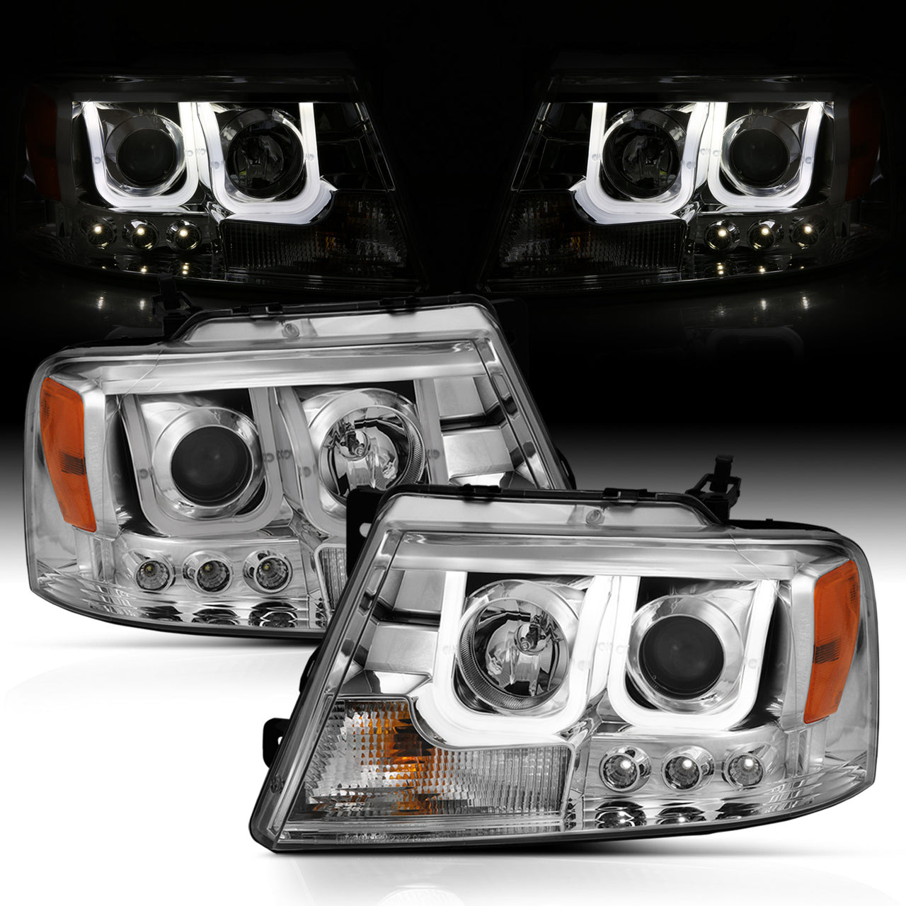 FORD F-150 04-07/LINCOLN MARK LT 06-07 PROJECTOR U-BAR STYLE HEADLIGHTS CHROME CLEAR AMBER