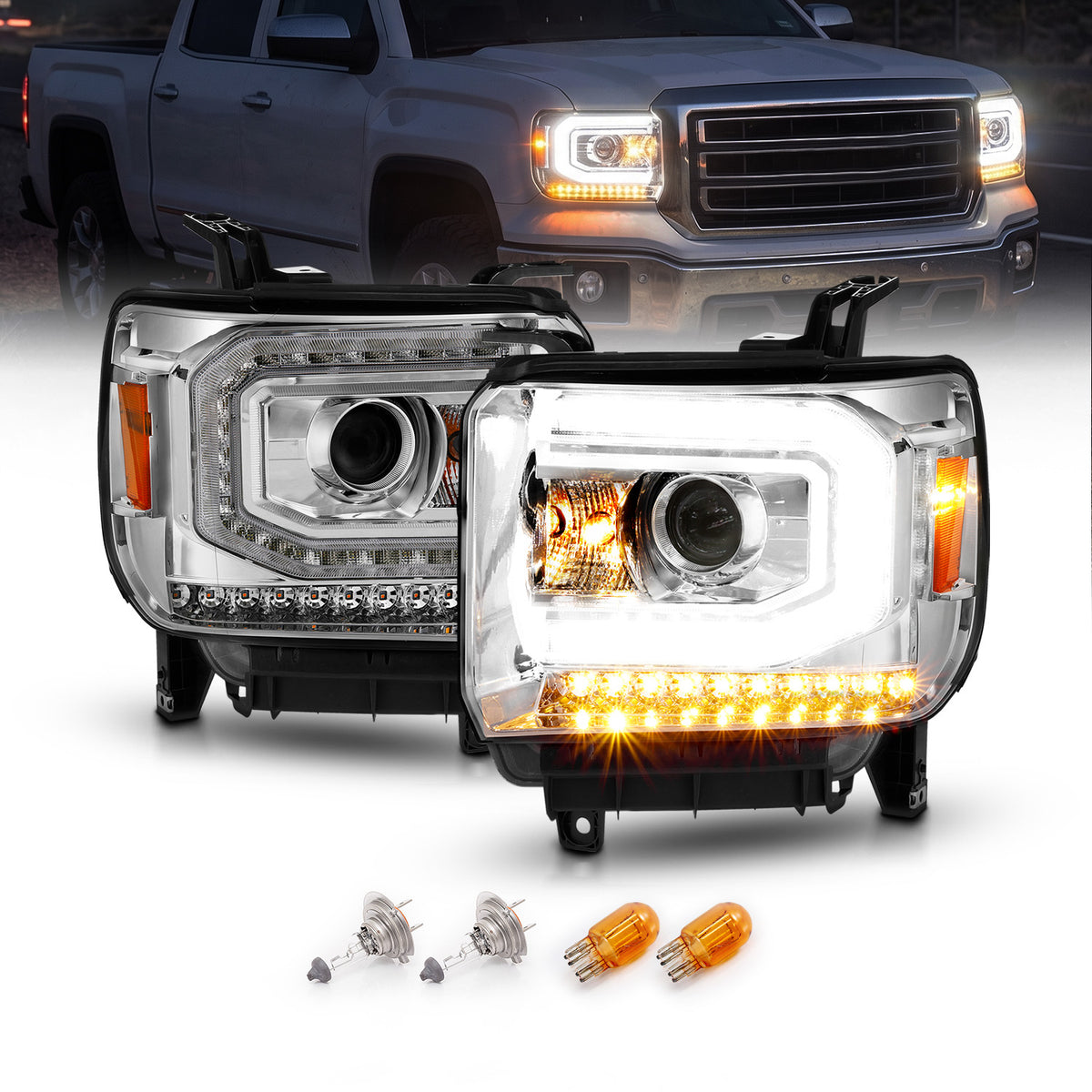 GMC SIERRA 1500 14-15/ 2500HD/3500HD 15-19 PROJECTOR嚙?HEADLIGHTS LIGHT BAR CHROME嚙?HALOGEN TYPE MODEL W/ FACTORY DRL)