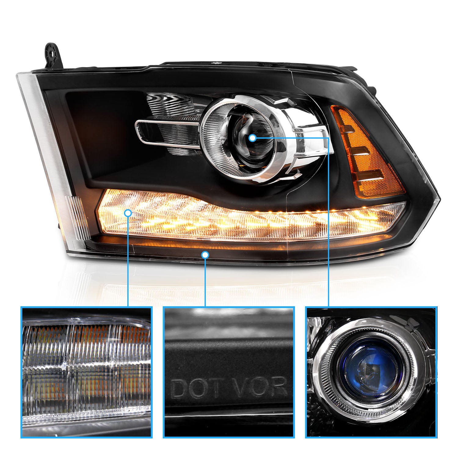 DODGE RAM 09-18 PROJECTOR PLANK STYLE SWITCHBACK H.L BLACK AMBER (OE STYLE) (MIST BLACK) (ALL MODEL)