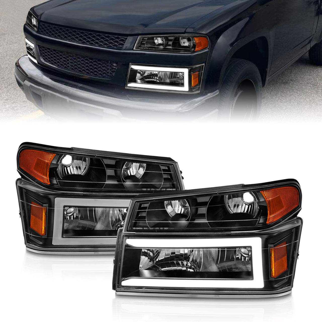 CHEVY COLORADO/GMC CANYON 04-12 HEADLIGHTS BLACK 4PCS W/ PARKING LIGHTS, C LIGHTS BAR