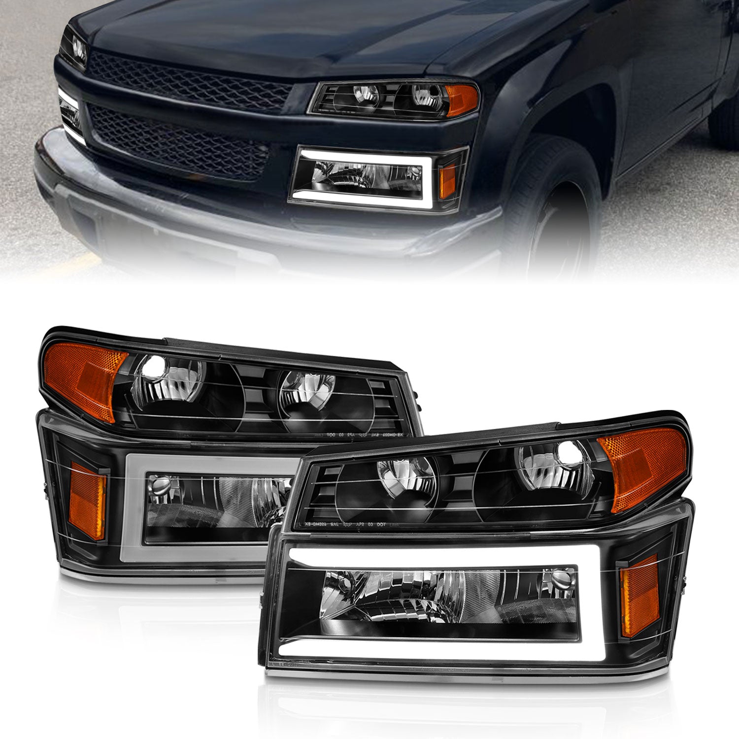 CHEVY COLORADO/GMC CANYON 04-12 HEADLIGHTS BLACK 4PCS W/ PARKING LIGHTS, C LIGHTS BAR