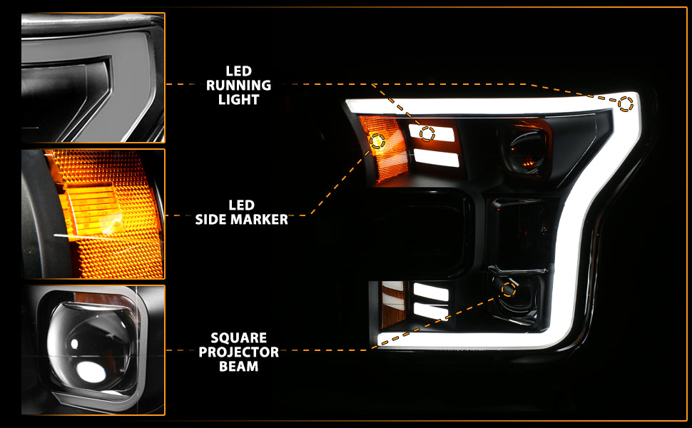 FORD F-150 15-17 PROJECTOR LIGHT BAR STYLE HEADLIGHTS G3 BLACK AMBER