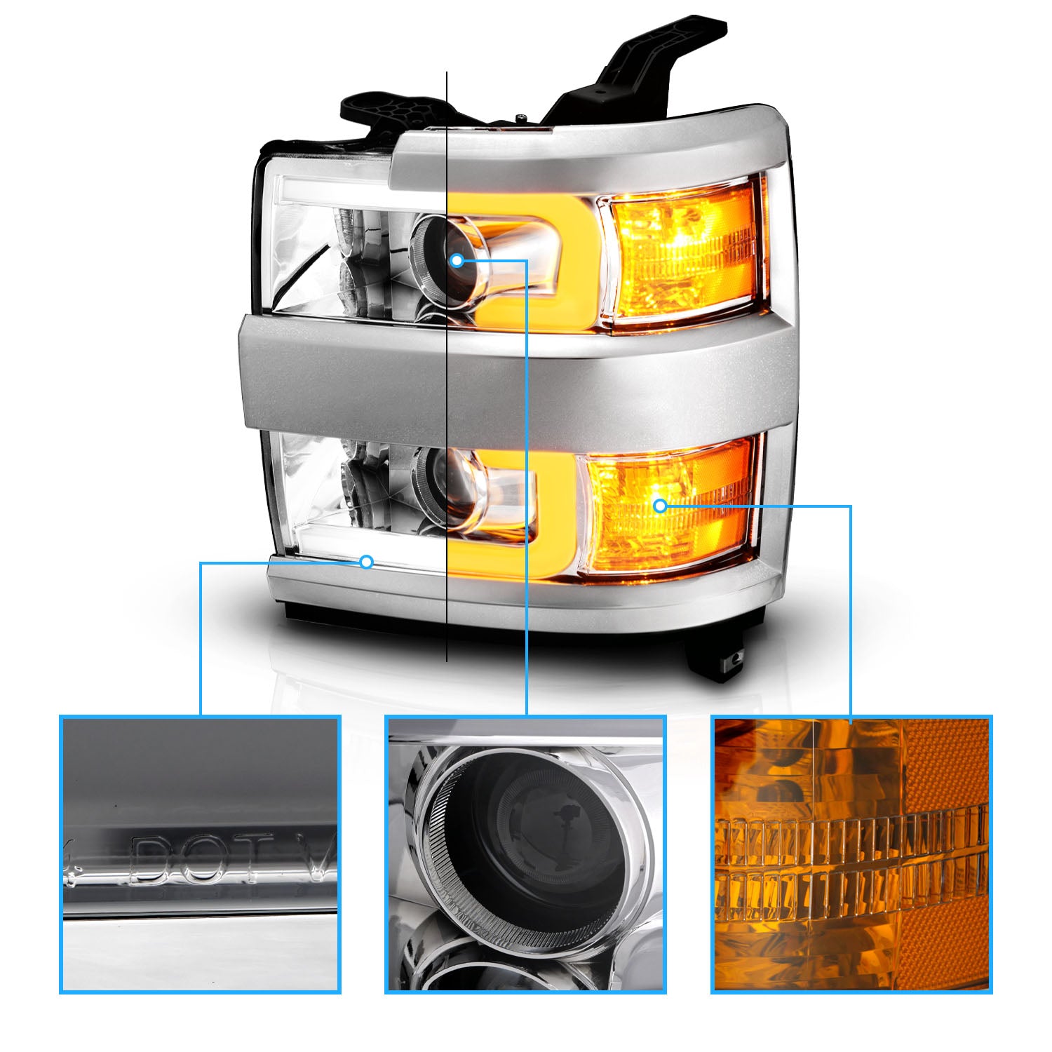 CHEVY SILVERADO 2500HD/3500HD 15-17 PROJECTOR LIGHT BAR STYLE HEADLIGHTS CHROME AMBER (CHROME RIM)