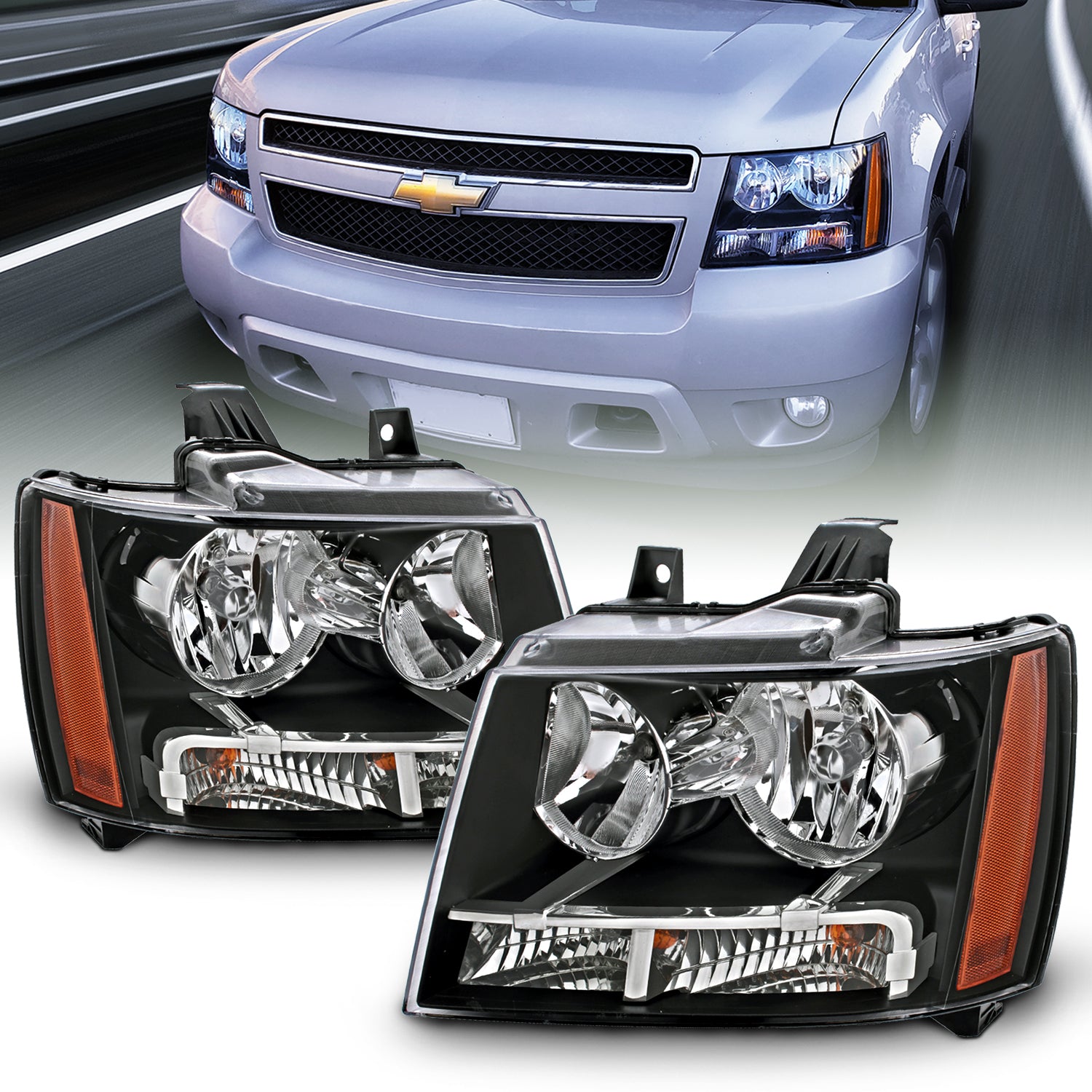 CHEVY TAHOE/SUBURBAN/AVALANCHE 07-14 HEADLIGHTS BLACK AMBER