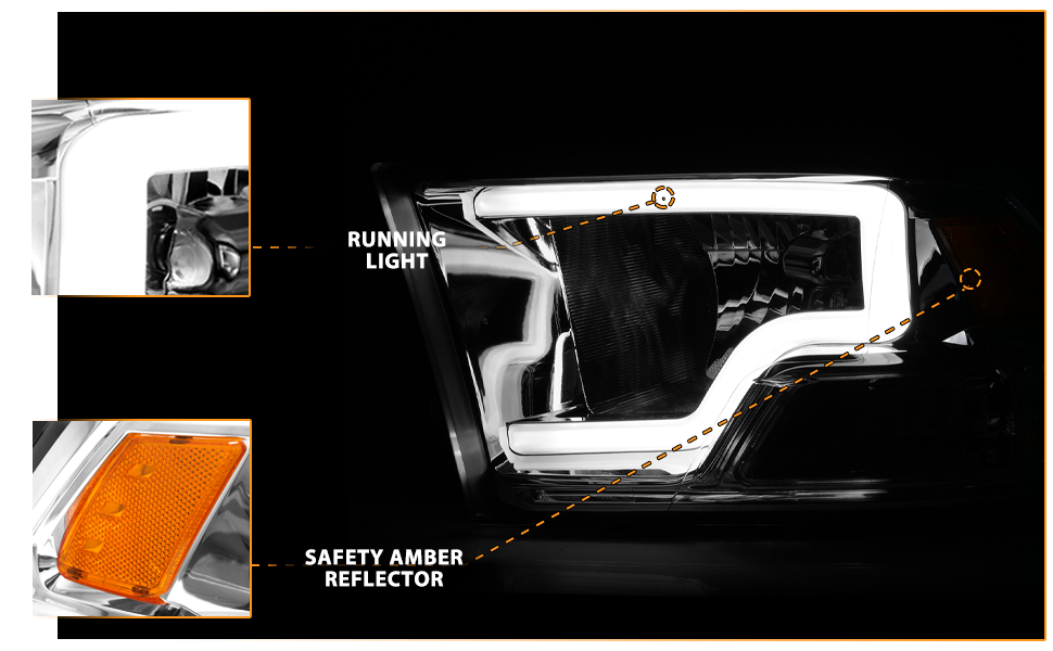 DODGE RAM 09-20 LIGHT BAR STYLE HEADLIGHTS CHROME HOUSING G2 AMBER (HALOGEN TYPE)