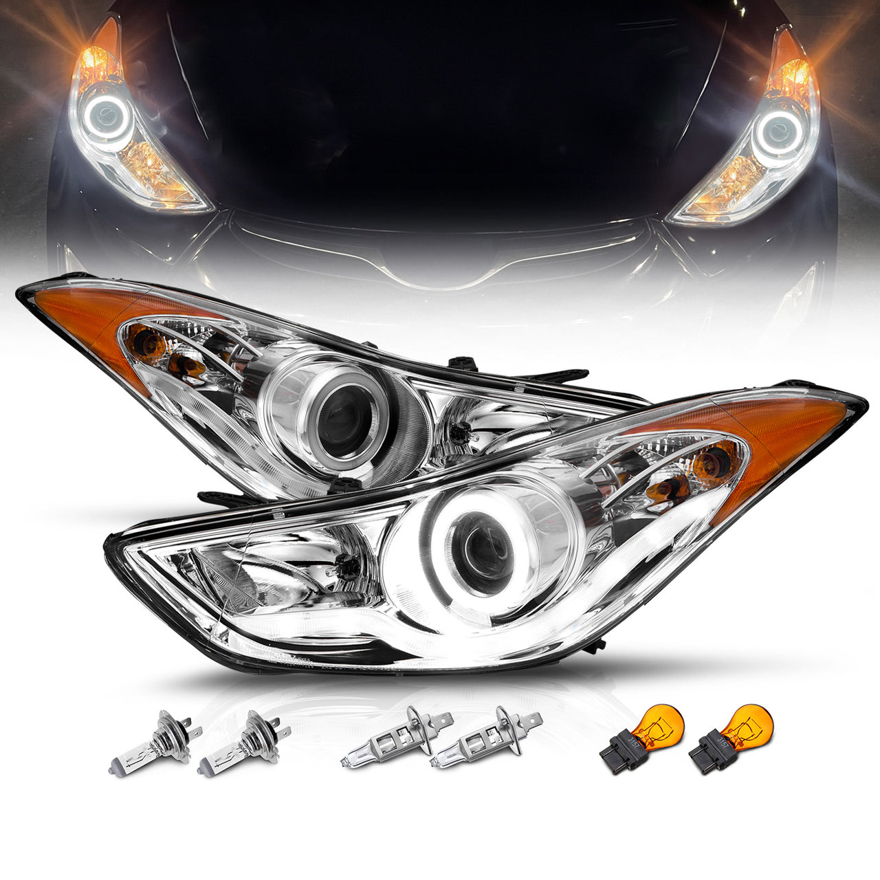 HYUNDAI ELANTRA 11-13 PROJECTOR HEADLIGHTS HALO CHROME CLEAR AMBER (RX HALO)