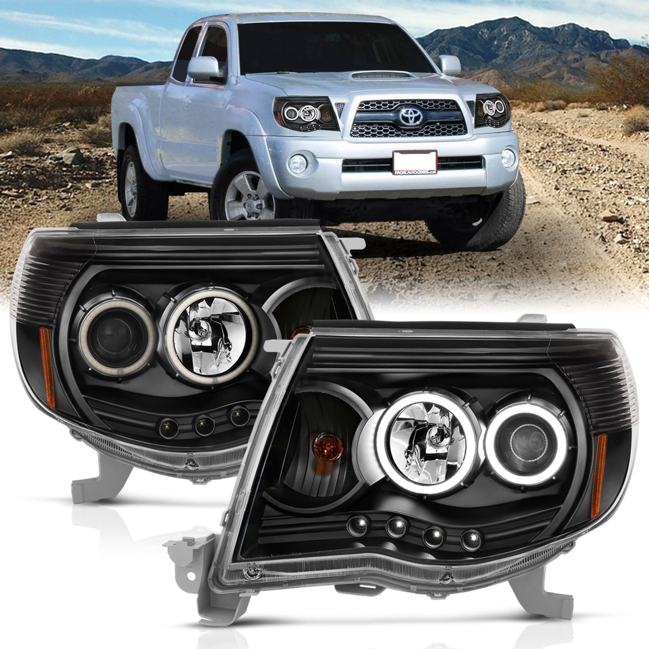TOYOTA TACOMA 05-11 PROJECTOR HEADLIGHTS W/O CCFL BAR BLACK AMBER (RX HALO)