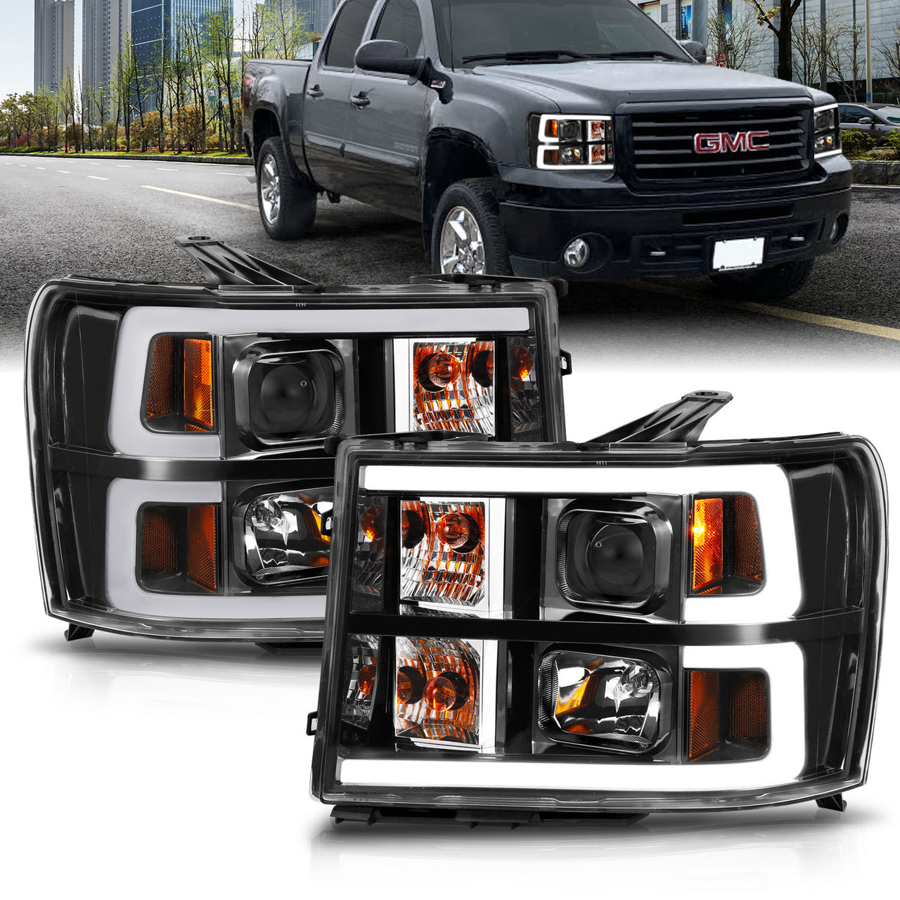 GMC SIERRA 07-10/1500 HYBRID 09-10 PROJECTOR LIGHT BAR STYLE HEADLIGHTS BLACK CLEAR AMBER