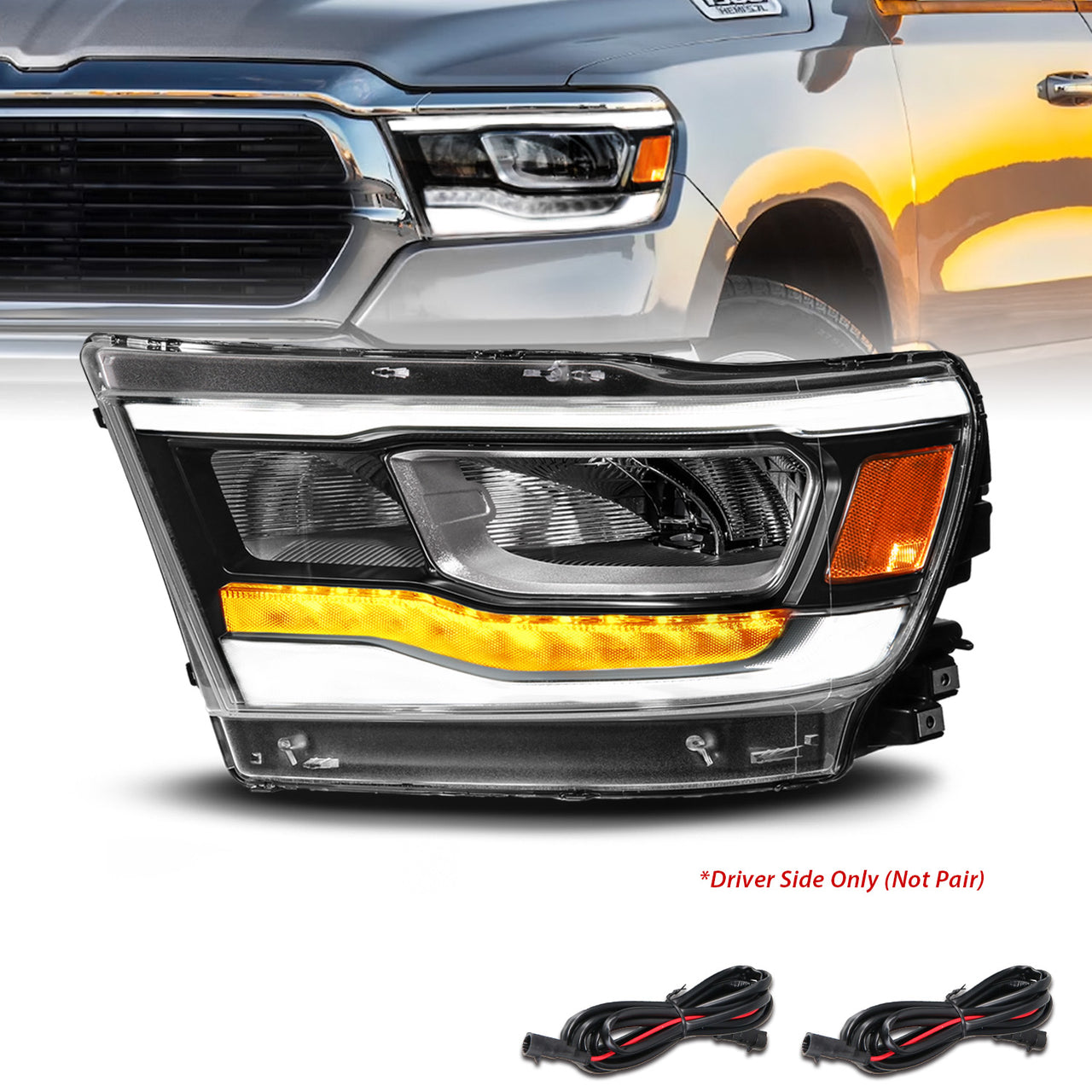 DODGE RAM 1500 (NEW BODY) (FACTORY HALOGEN MODEL) 19-UP  FULL LED HEADLIGHTS BLACK LIGHT BAR W/DRL (LEFT SIDE)