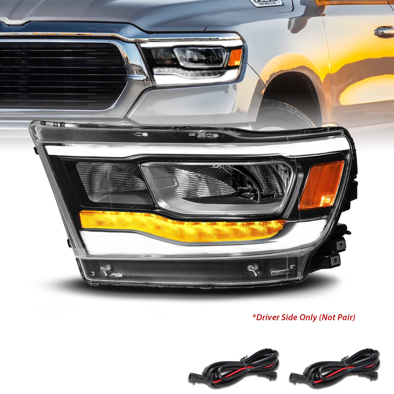 DODGE RAM 1500 (NEW BODY) (FACTORY HALOGEN MODEL) 19-UP  FULL LED HEADLIGHTS BLACK LIGHT BAR W/DRL (LEFT SIDE)