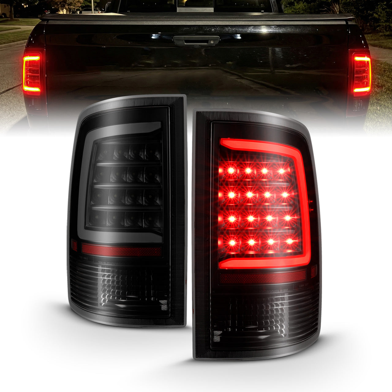 DODGE RAM 1500 09-18/ 2500 3500 10-18 LED TAIL LIGHTS BLACK HOUSING SMOKE LENS W/ C LIGHT BAR (NOT COMPATIBLE W/ ORIGINAL LED VERSION)