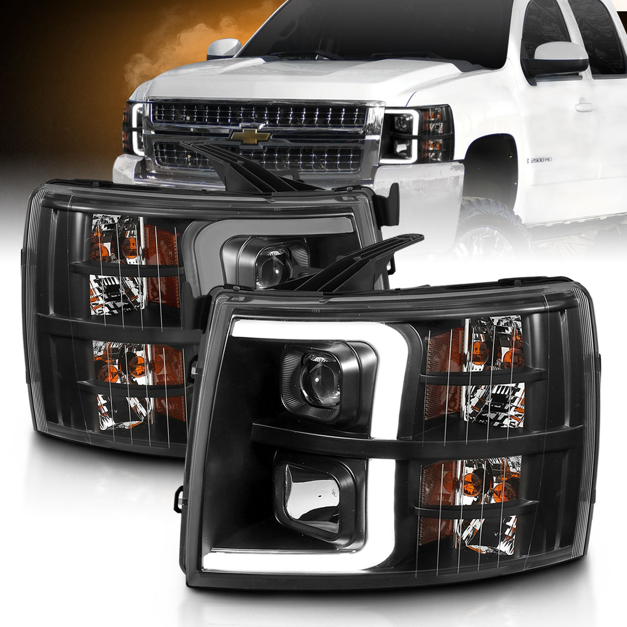CHEVY SILVERADO 1500/2500/3500 07-13/1500 HYBRID 09-13 LIGHT BAR STYLE HEADLIGHTS BLACK AMBER