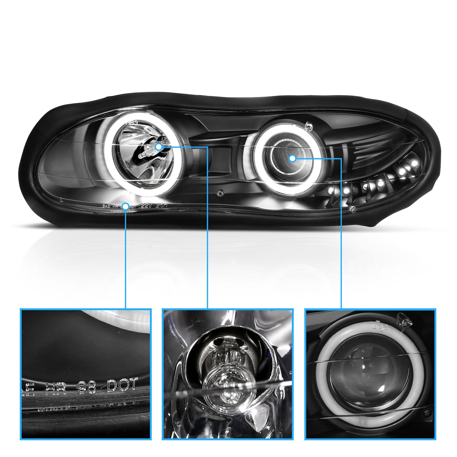 CHEVY CAMARO 98-01 PROJECTOR HEADLIGHTS HALO BLACK CLEAR (RX HALO)