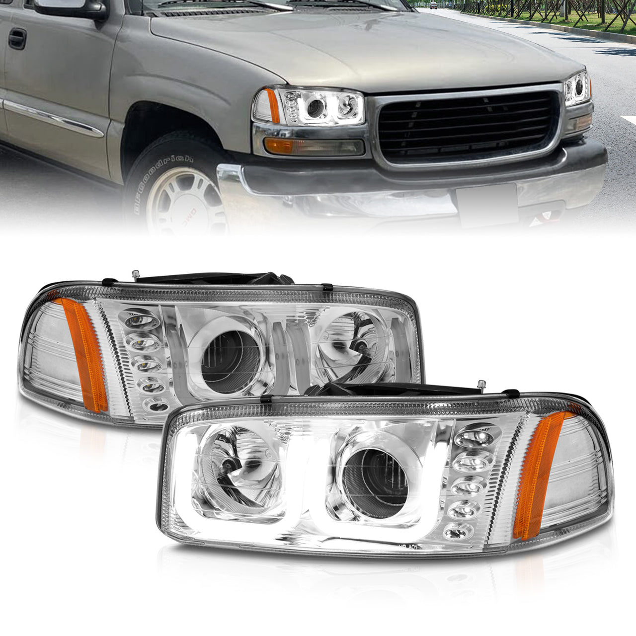 GMC SIERRA C3 99-02/SIERRA DENALI 99-07/YUKON/YUKON XL/YUKON DENALI 00-06 PROJECTOR HEADLIGHTS U-BAR CHROME CLEAR AMBER