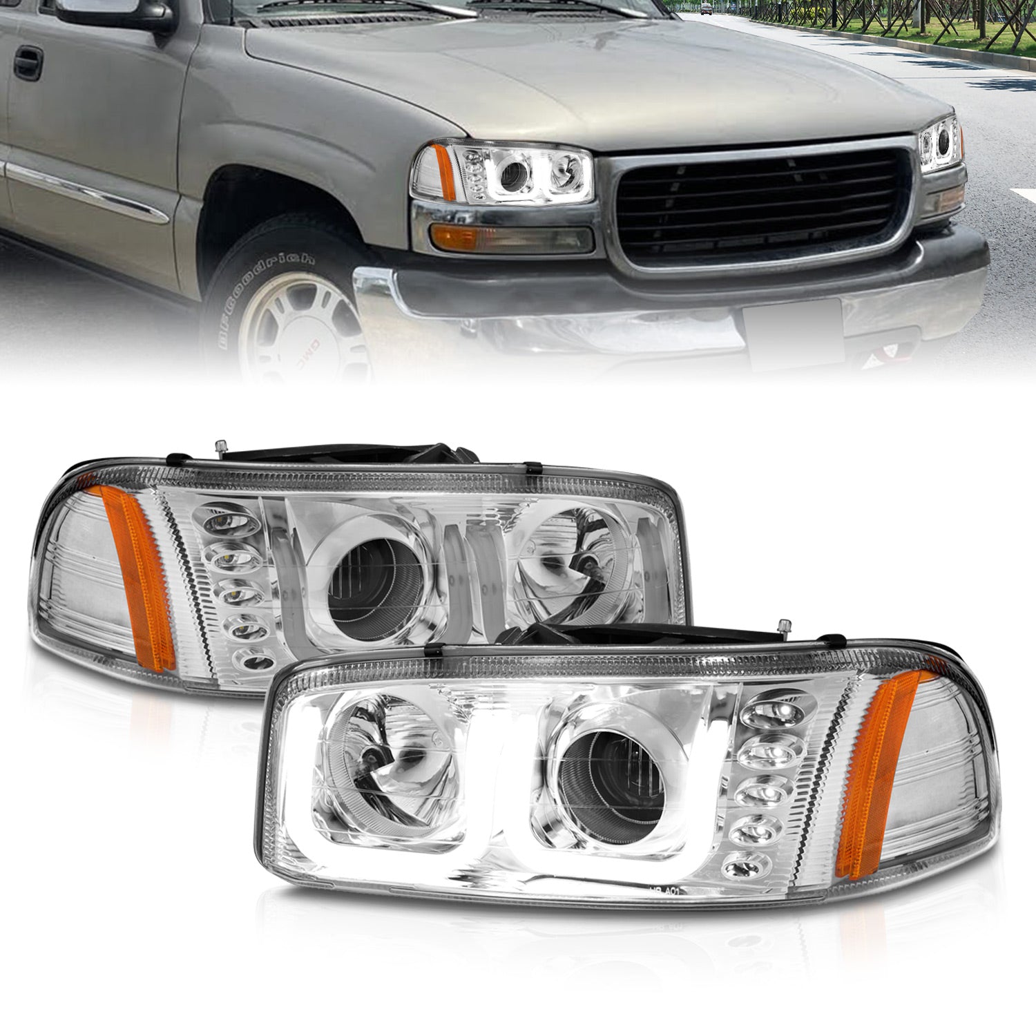 GMC SIERRA C3 99-02/SIERRA DENALI 99-07/YUKON/YUKON XL/YUKON DENALI 00-06 PROJECTOR HEADLIGHTS U-BAR CHROME CLEAR AMBER