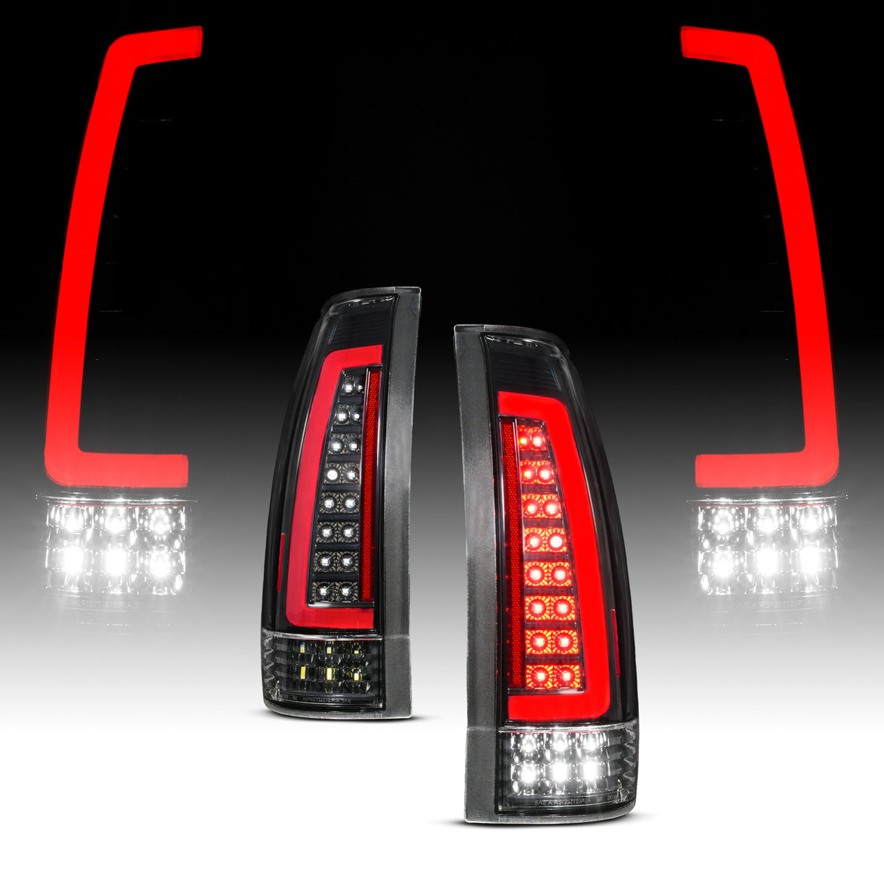 CHEVY /GMC C/K 1500/2500/3500 88-99, SUBURBAN/YUKON 92-00, TAHOE 94-00, BLAZER 92-94, CADILLAC ESCALADE 99-00 LED TAIL LIGHTS BLACK HOUSING CLEAR LENS (SEQUENTIAL SIGNAL)