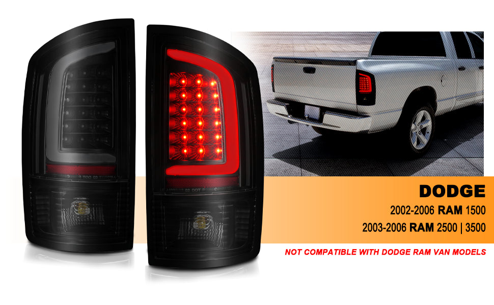 DODGE RAM 1500 02-05 / 2500/3500 02-06 LED TAIL LIGHTS BLACK HOUSING SMOKE LENS W/ C LIGHT BAR