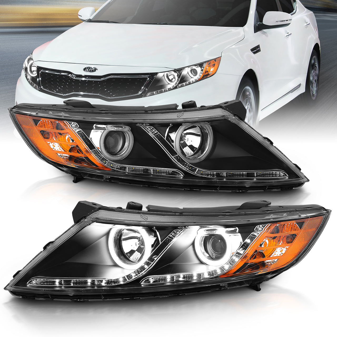 KIA OPTIMA 11-15 PROJECTOR HEADLIGHTS HALO BLACK CLEAR AMBER (RX HALO)
