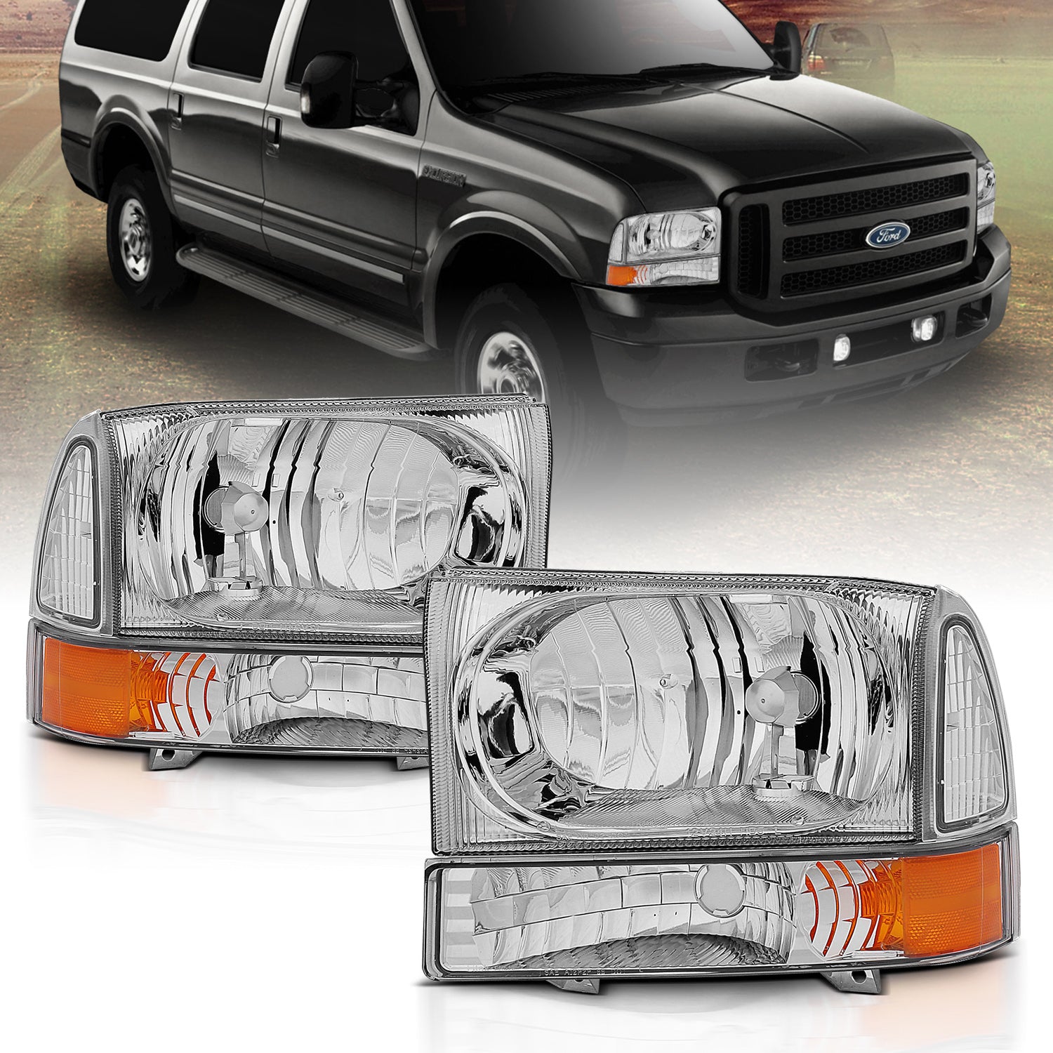 FORD EXCURSION 00-04/SUPER DUTY 99-04 HEADLIGHTS W/ CORNER LIGHTS CHROME AMBER (W/O BULB)