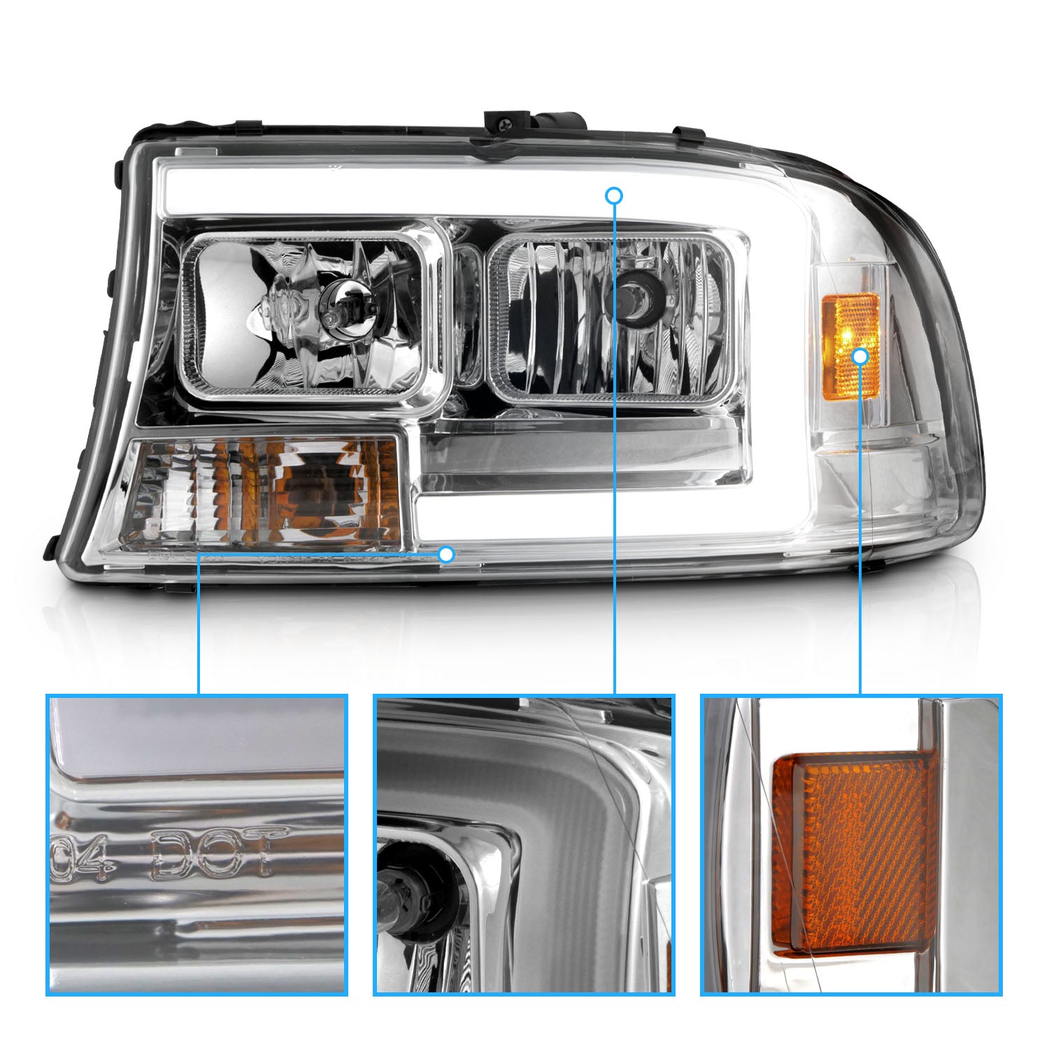 DODGE DAKOTA/DURANGO 97-04/98-03 HEADLIGHTS CHROME W/C LIGHT BAR