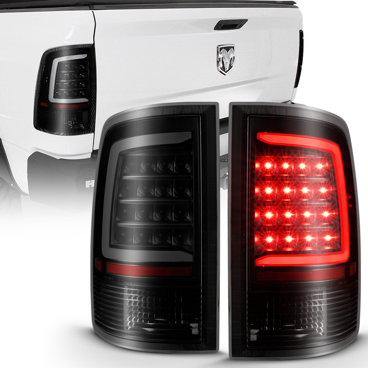 DODGE RAM 1500 09-18/ 2500 3500 10-18 LED TAIL LIGHTS BLACK HOUSING SMOKE LENS W/ C LIGHT BAR (NOT COMPATIBLE W/ ORIGINAL LED VERSION)