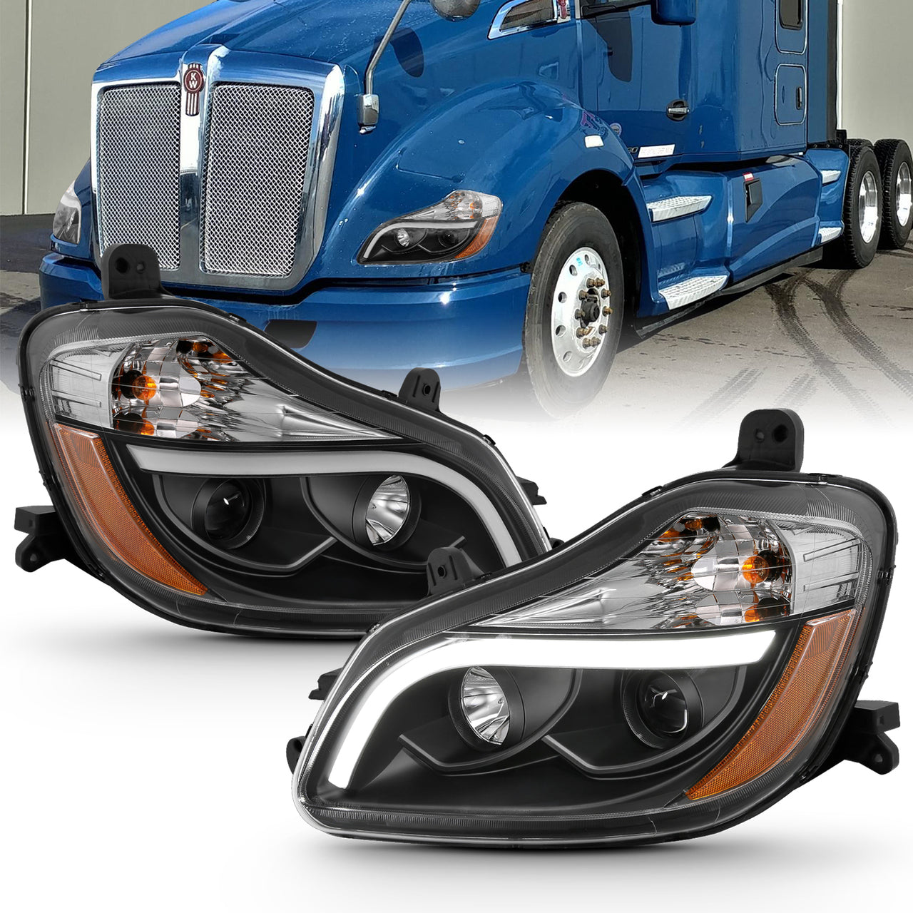Kenworth T680 15 UP  PROJECTOR PLANK STYLE H.L BLACK AMBER REFLECTOR