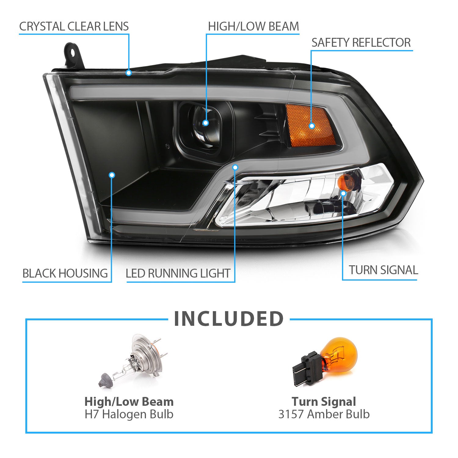 DODGE RAM 09-20 PROJECTOR LIGHT BAR STYLE HEADLIGHTS BLACK CLEAR AMBER (HALOGEN TYPE)
