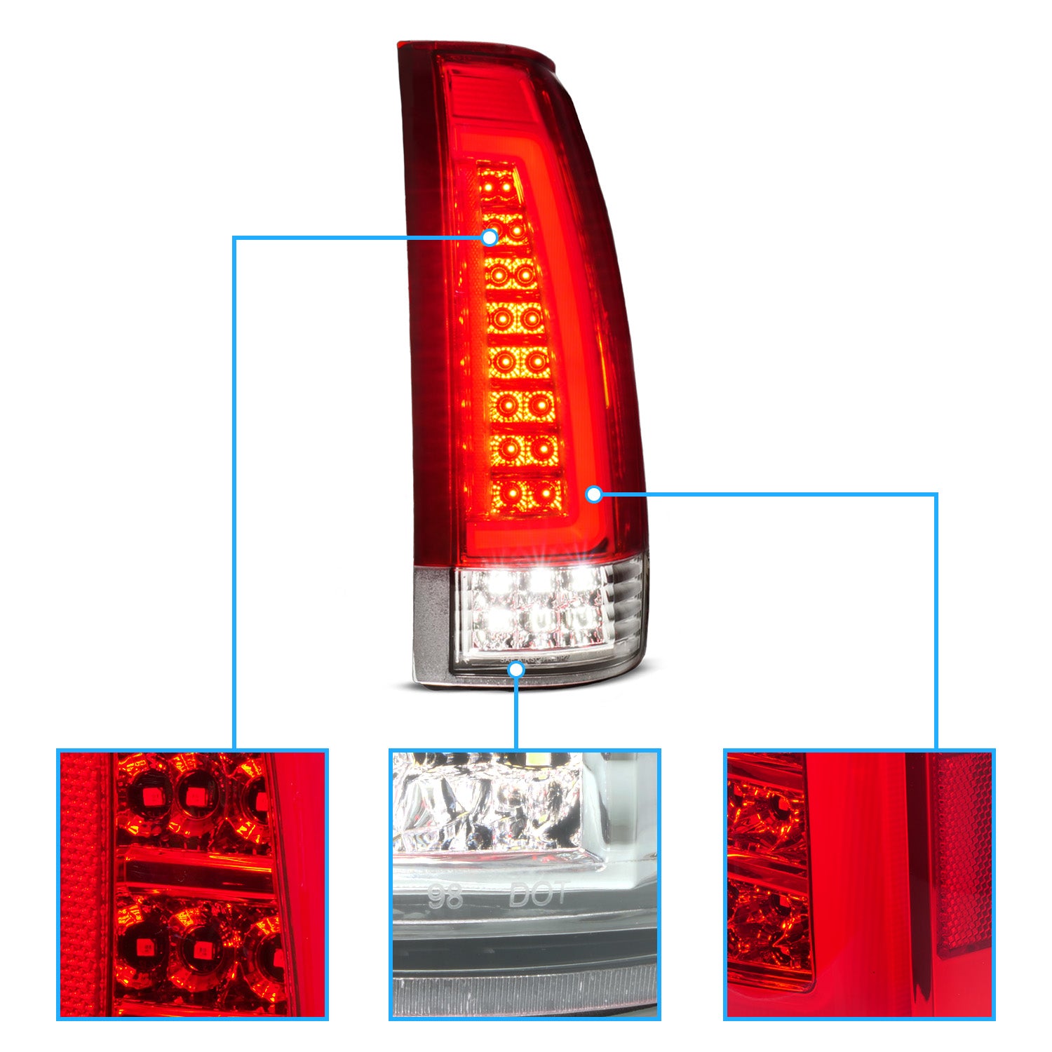 CHEVY /GMC C/K 1500/2500/3500 88-99, SUBURBAN/YUKON 92-00, TAHOE 94-00, BLAZER 92-94, CADILLAC ESCALADE 99-00 LED TAIL LIGHTS RED/CLEAR LENS (SEQUENTIAL SIGNAL)