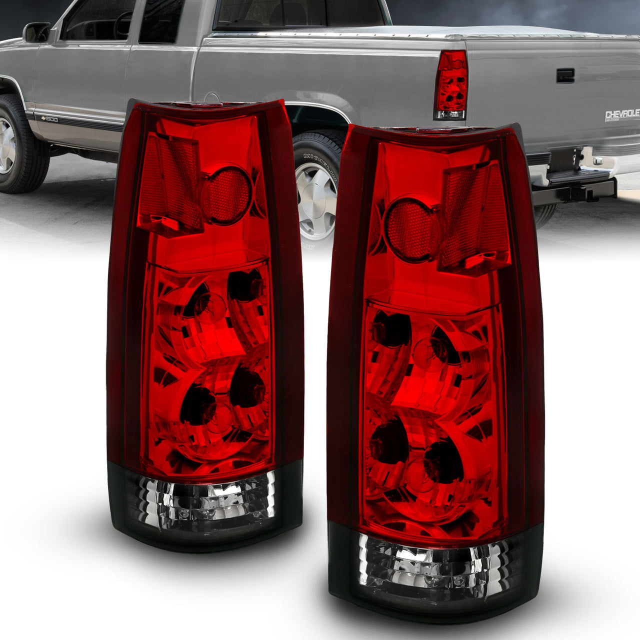 Chevy/GMC C/K 1500/2500/3500 88-99, SUBURBAN/YUKON 92-00, TAHOE 94-00, BLAZER 92-94, CADILLAC ESCALADE 99-00 TAIL LIGHTS RED/SMOKE NEW VERSION