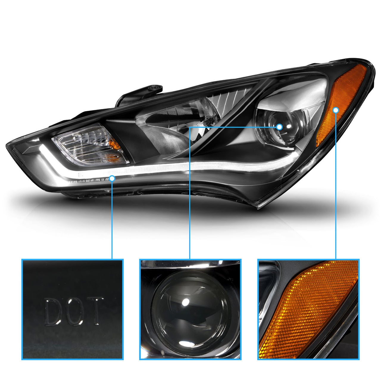 HYUNDAI GENESIS 13-14 2DR PROJECTOR LIGHT BAR STYLE HEADLIGHTS BLACK CLEAR AMBER