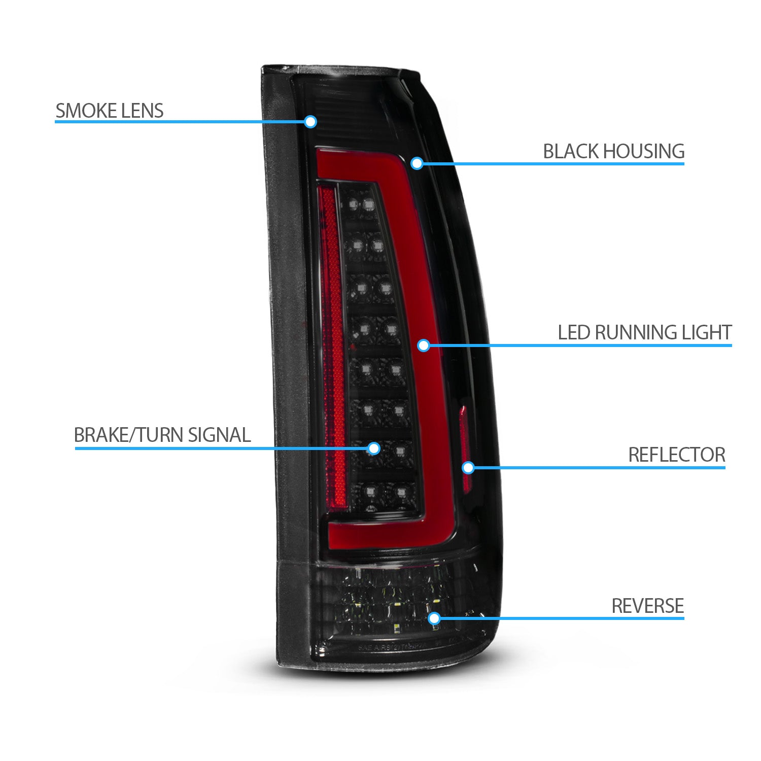 CHEVY /GMC C/K 1500/2500/3500 88-99, SUBURBAN/YUKON 92-00, TAHOE 94-00, BLAZER 92-94, CADILLAC ESCALADE 99-00 LED TAIL LIGHTS BLACK HOUSING SMOKE LENS (SEQUENTIAL SIGNAL)