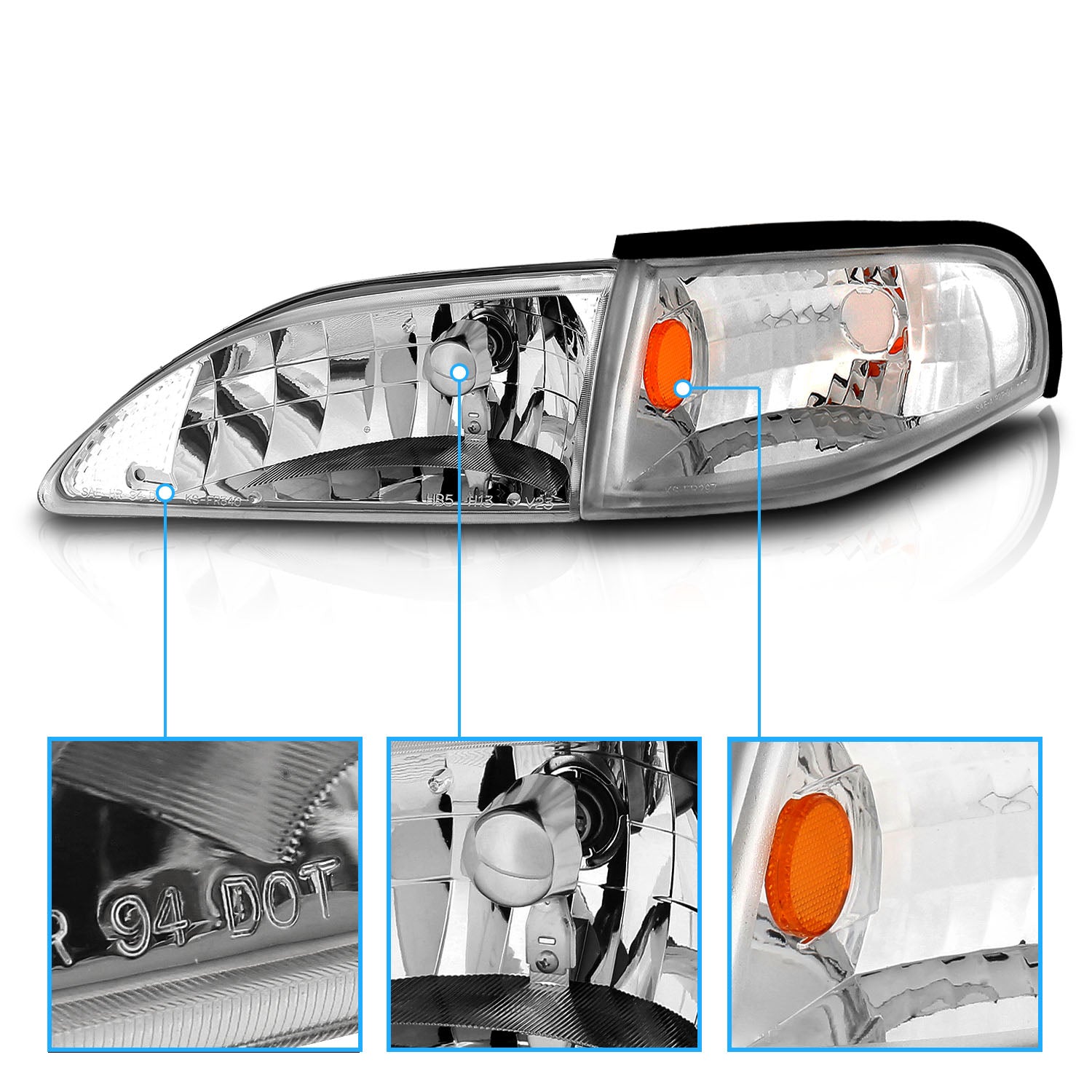 FORD MUSTANG 94-98 CRYSTAL HEADLIGHTS CHROME W/ CORNER AMBER