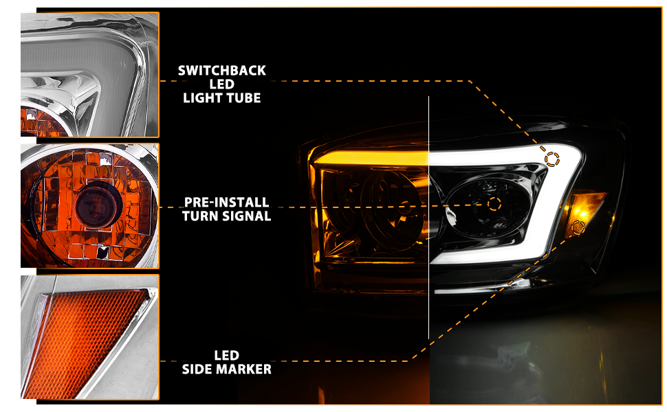 DODGE RAM 1500 06-08/ 2500/3500 06-09   SWITCHBACK HEADLIGHTS CHROME AMBER (W/ C LIGHT BAR)