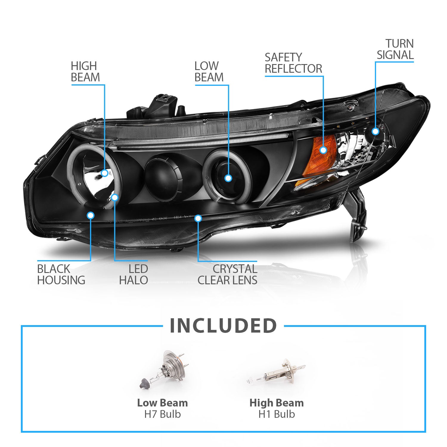 HONDA CIVIC 06-11 2DR PROJECTOR HEADLIGHTS HALO BLACK CLEAR AMBER (RX HALO)