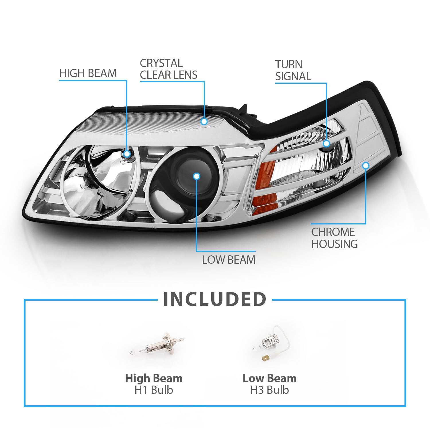 FORD MUSTANG 99-04 PROJECTOR HEADLIGHTS CHROME CLEAR AMBER