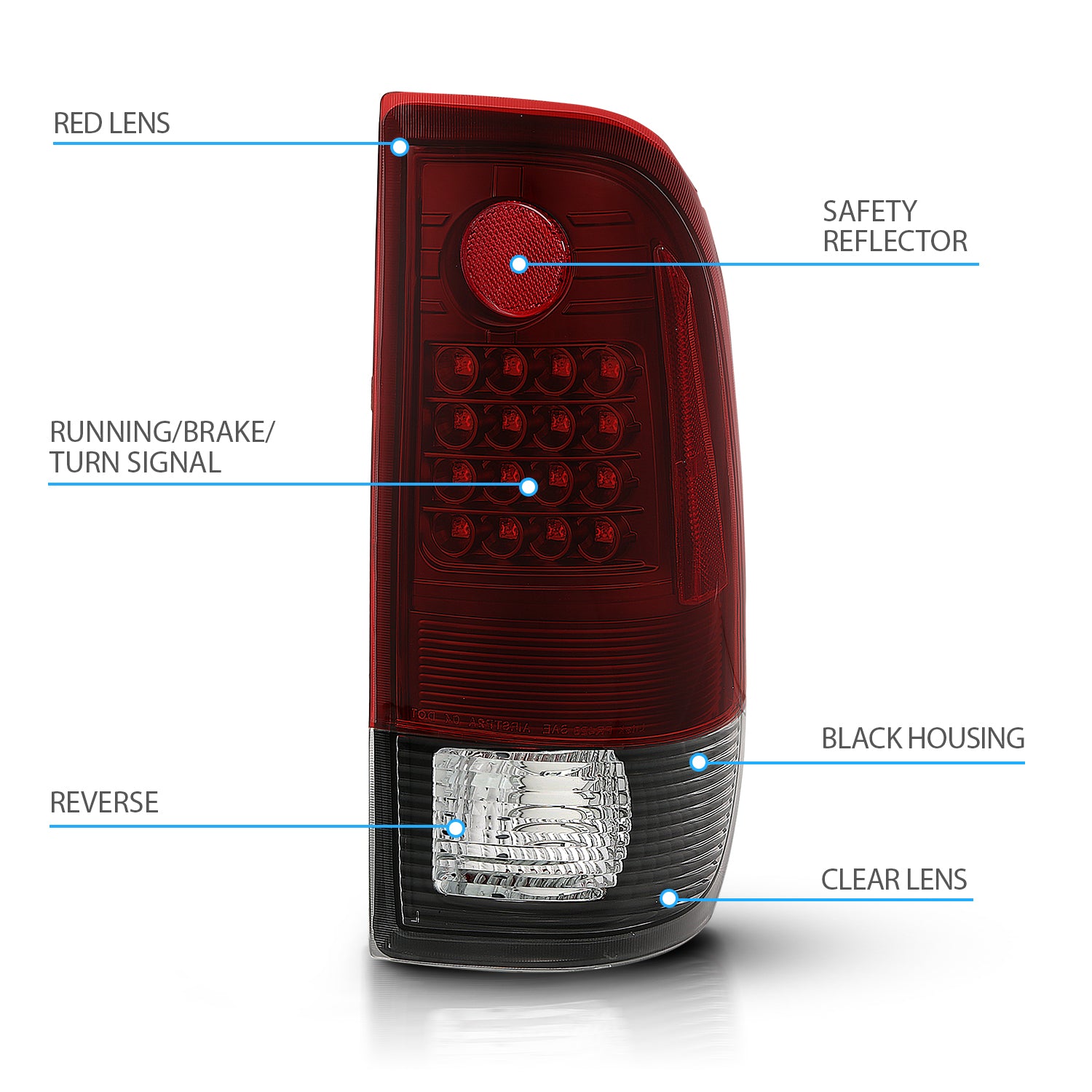 FORD F-150/F250 97-04 STYLESIDE/SUPER DUTY 99-07 LED TAILLIGHTS  BLACK HOUSING RED LENS  REFLECTOR