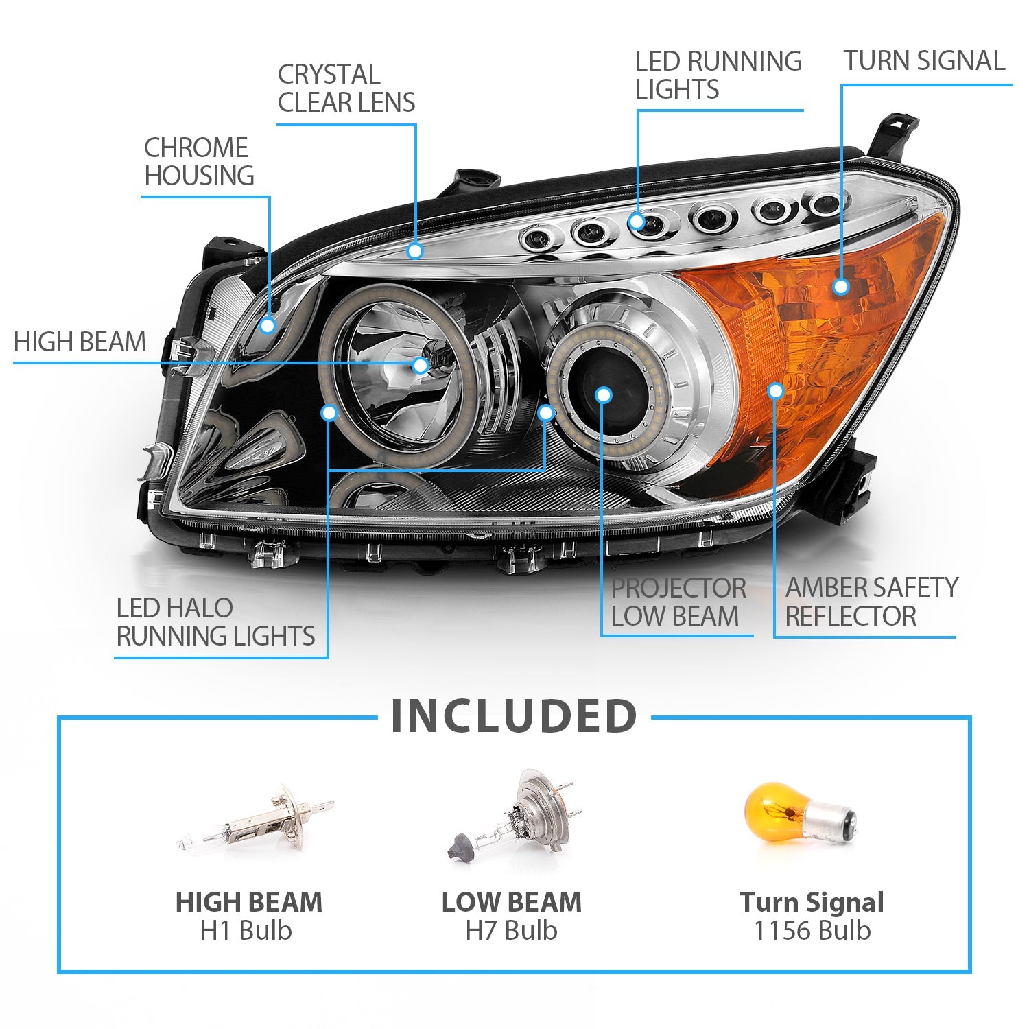 TOYOTA RAV-4 06-08 PROJECTOR HEADLIGHTS CHROME CLEAR AMBER (RX HALO)