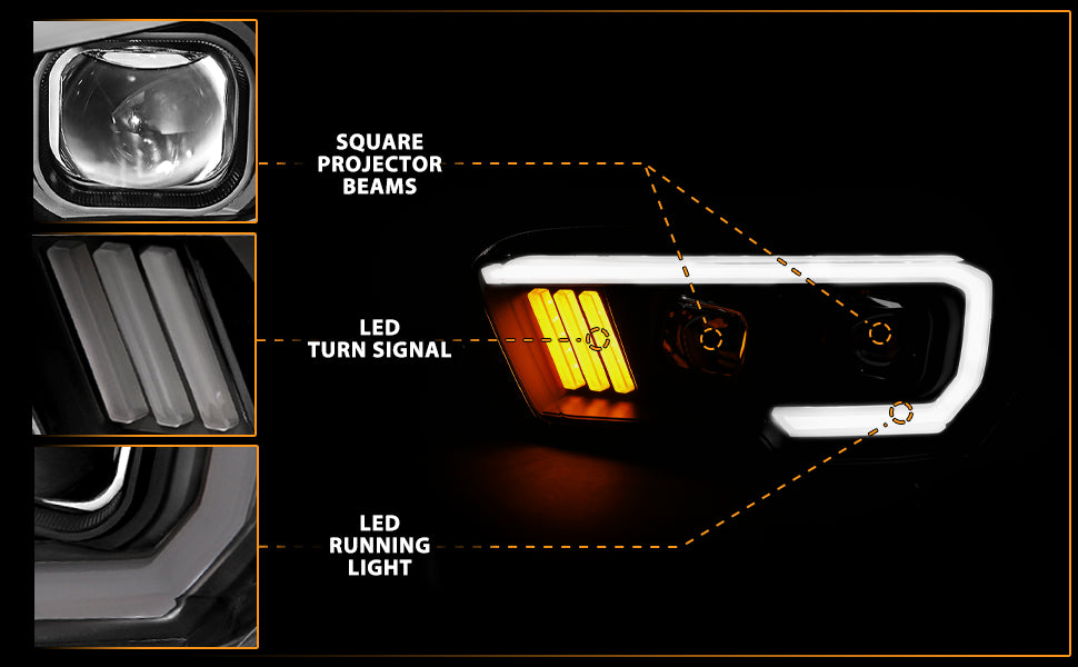 TOYOTA TACOMA 16-23 PROJECTOR LIGHT BAR STYLE HEADLIGHTS BLACK AMBER