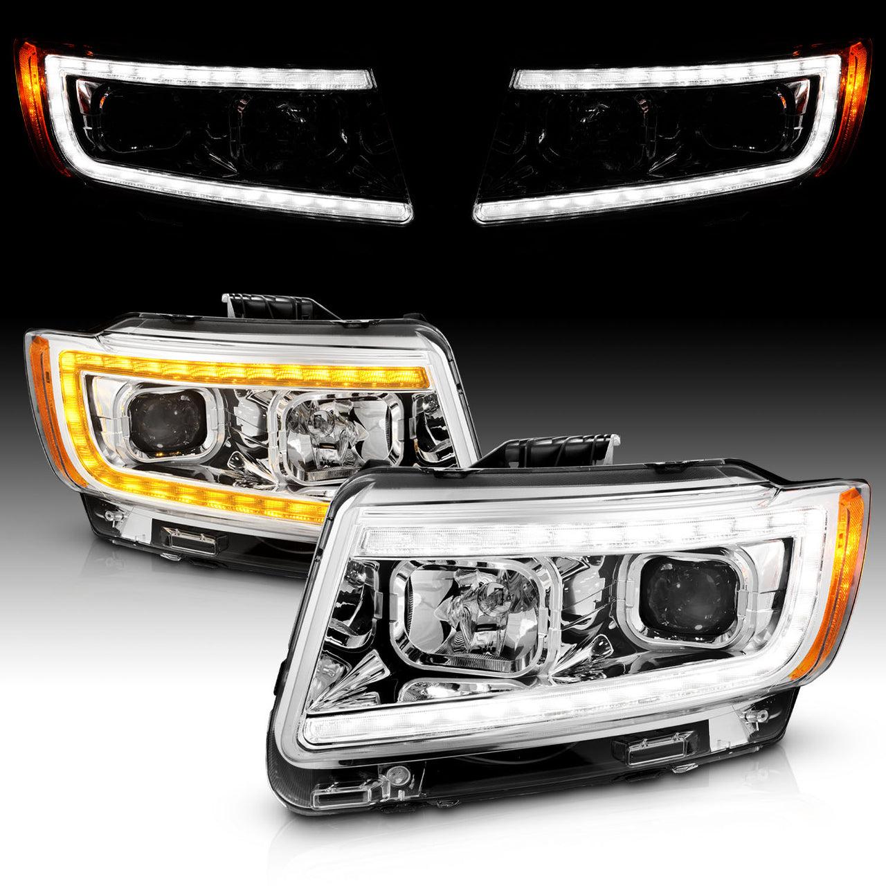 JEEP GRAND CHEROKEE 11-13 PROJECTOR SWITCHBACK HEADLIGHTS CHROME AMBER (W/ C LIGHT BAR)