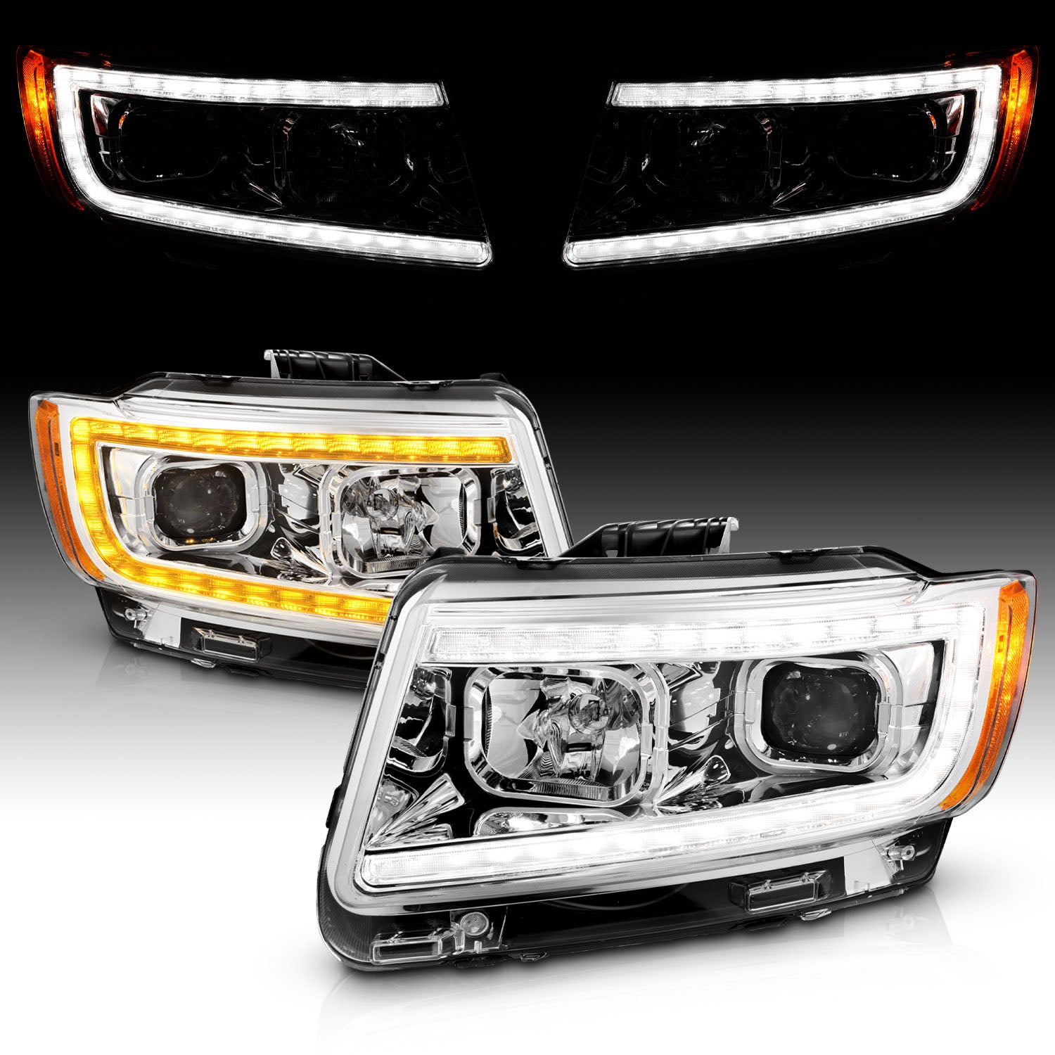 JEEP GRAND CHEROKEE 11-13 PROJECTOR SWITCHBACK HEADLIGHTS CHROME AMBER (W/ C LIGHT BAR)