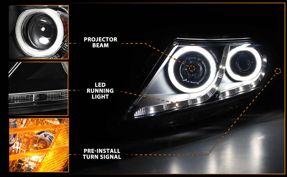 KIA OPTIMA 11-15 PROJECTOR HEADLIGHTS HALO BLACK CLEAR AMBER (RX HALO)