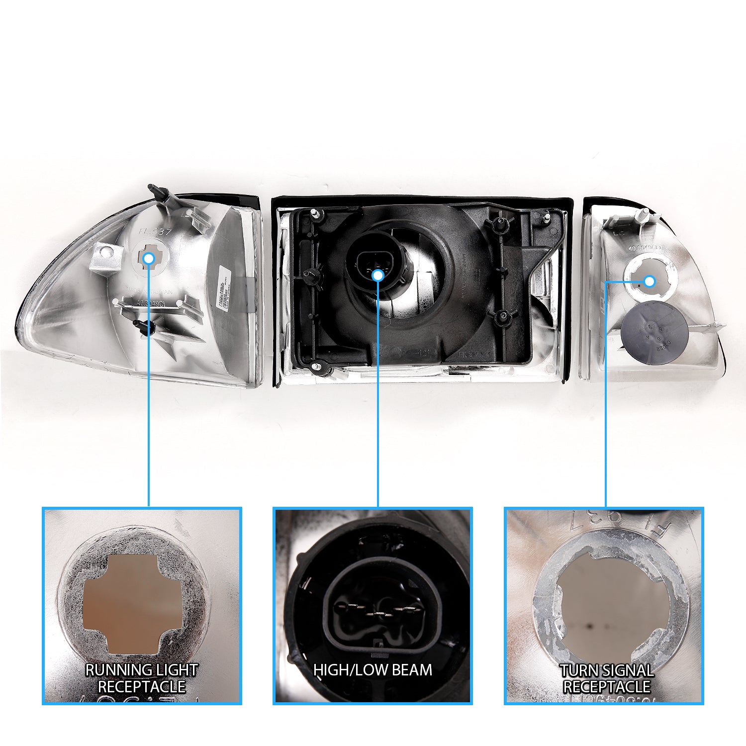 FORD MUSTANG 87-93 CRYSTAL HEADLIGHTS CHROME SET W/ CORNER & PARKING
