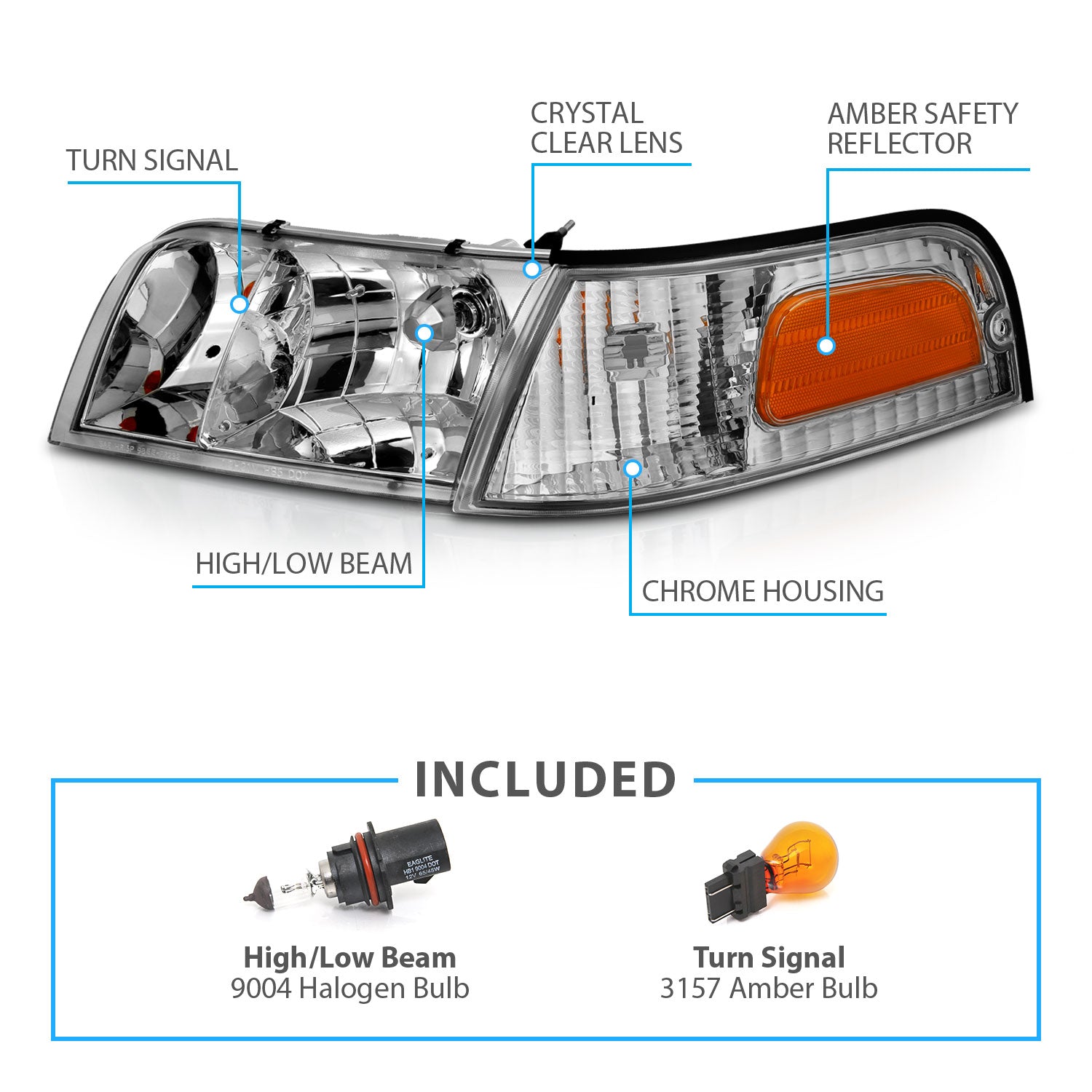 FORD CROWN VICTORIA 98-11 HEADLIGHTS CHROME 4 PCS W/ CORNER LIGHTS (OE REPLACEMENT)