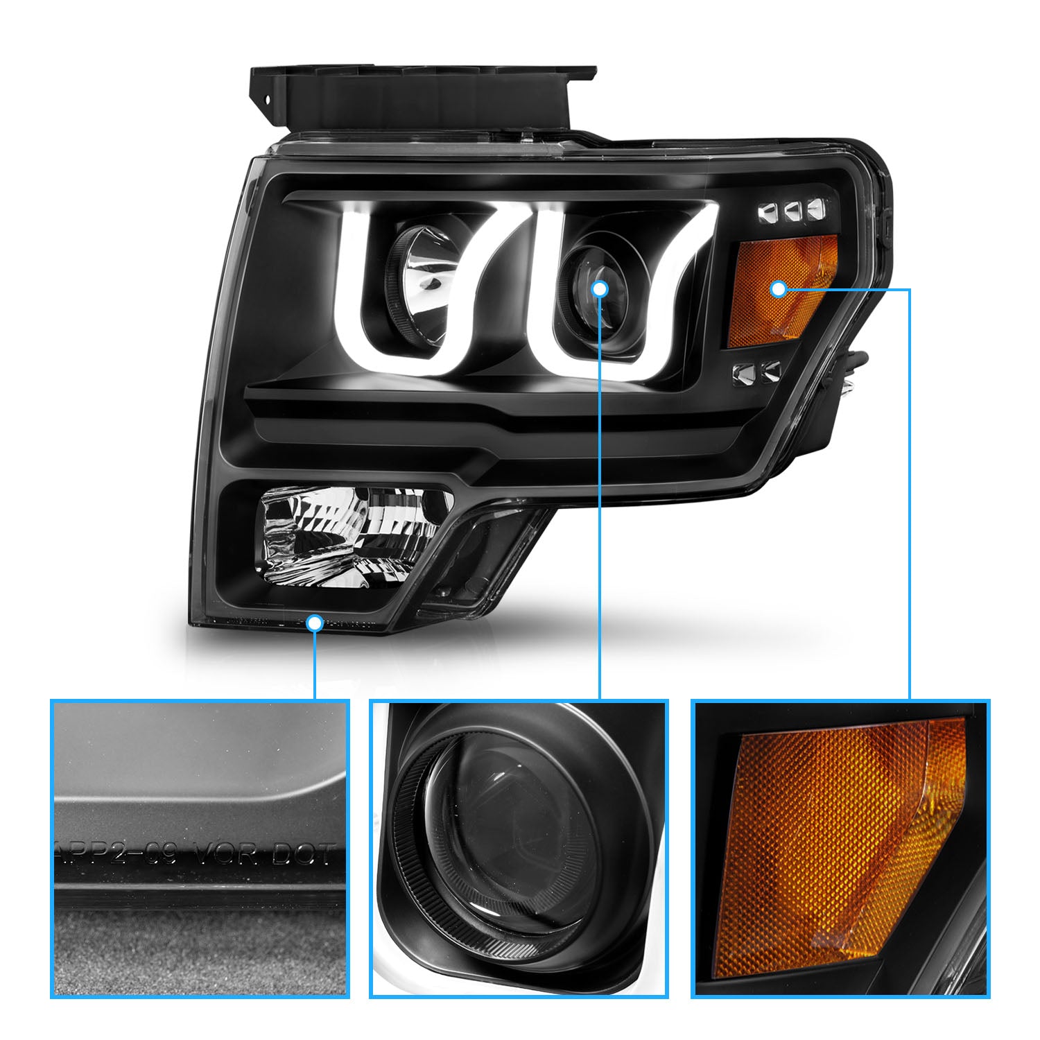 FORD F-150 09-13 PROJECTOR U-BAR STYLE SWITCHBACK HEADLIGHTS BLACK