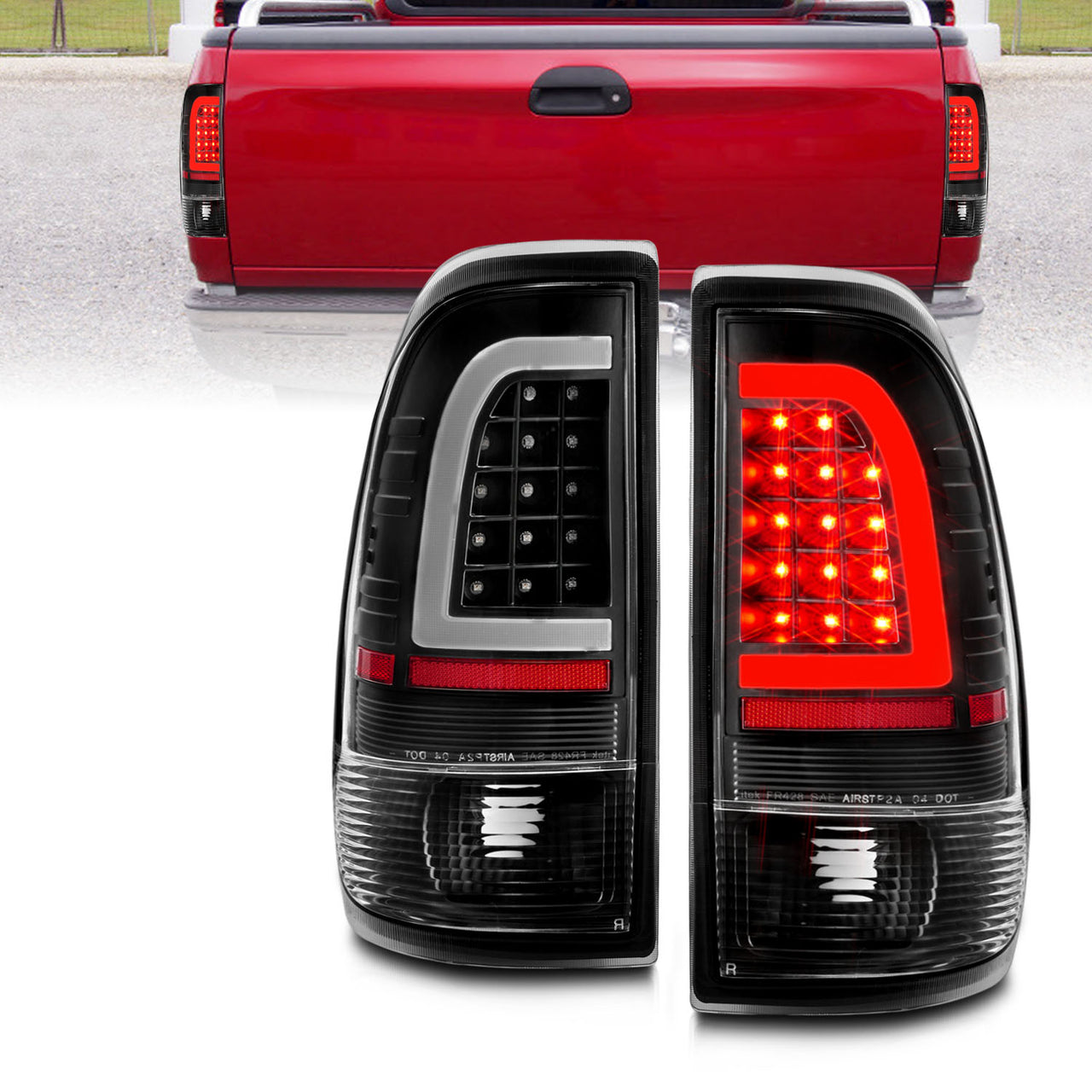 FORD F-150/F250 97-04 STYLESIDE/SUPER DUTY 99-07 LED TAIL LIGHTS BLACK HOUSING CLEAR LENS W/ C LIGHT BAR