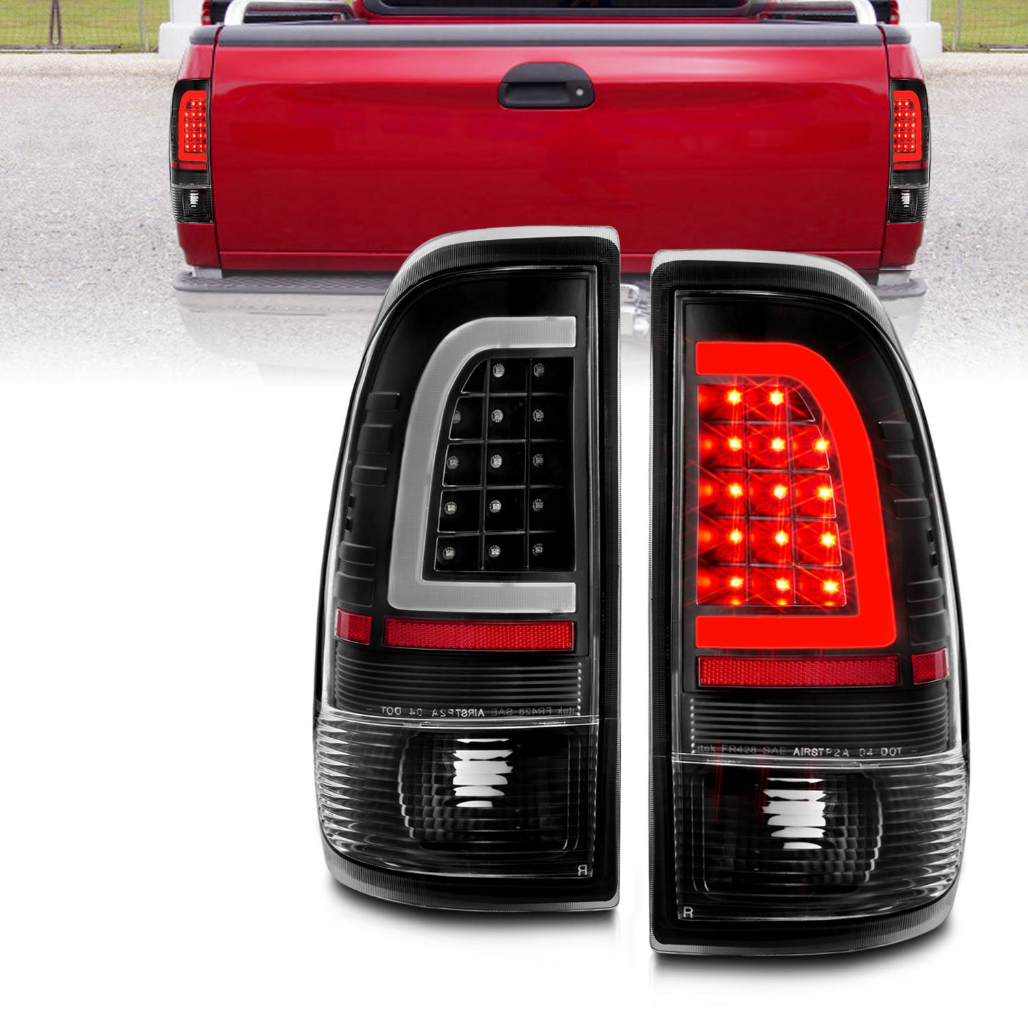 FORD F-150/F250 97-04 STYLESIDE/SUPER DUTY 99-07 LED TAIL LIGHTS BLACK HOUSING CLEAR LENS W/ C LIGHT BAR