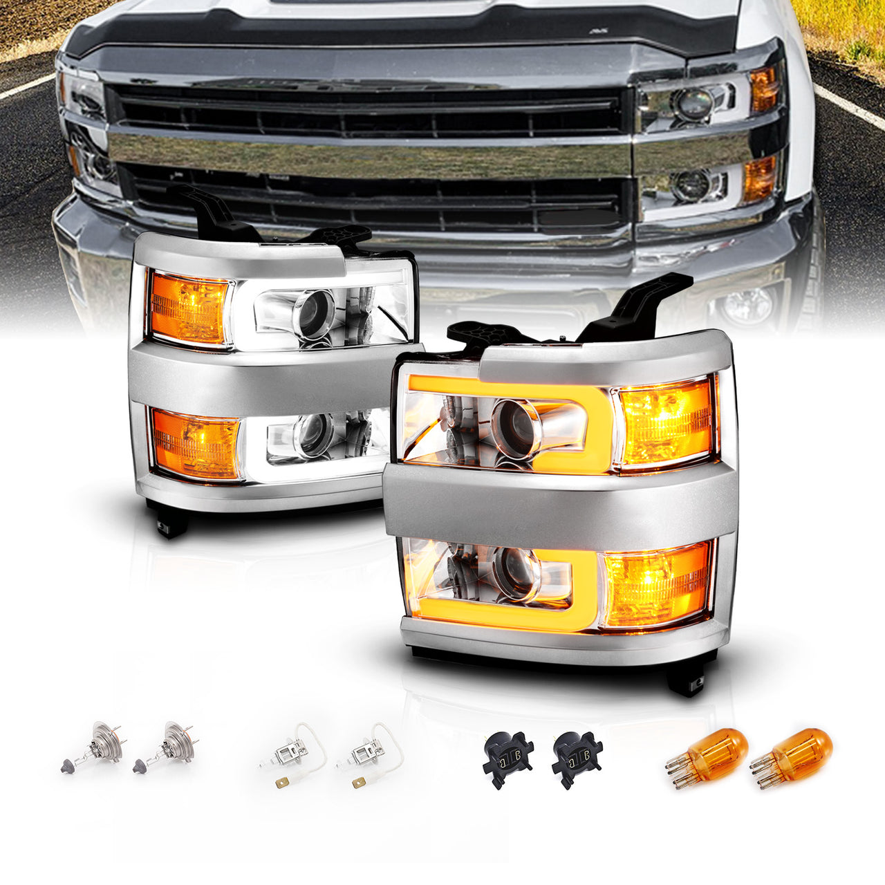 CHEVY SILVERADO 2500HD/3500HD 15-17 PROJECTOR SWITCHBACK HEADLIGHTS CHROME AMBER (CHROME RIM)